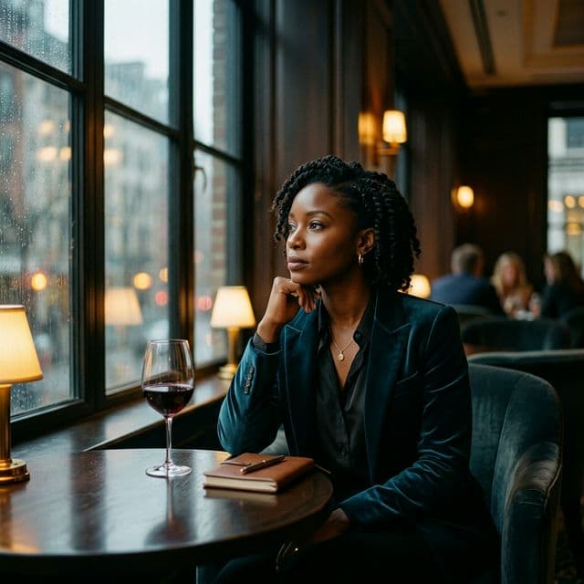 A woman thoughtfully looking at her phone at an upscale restaurant